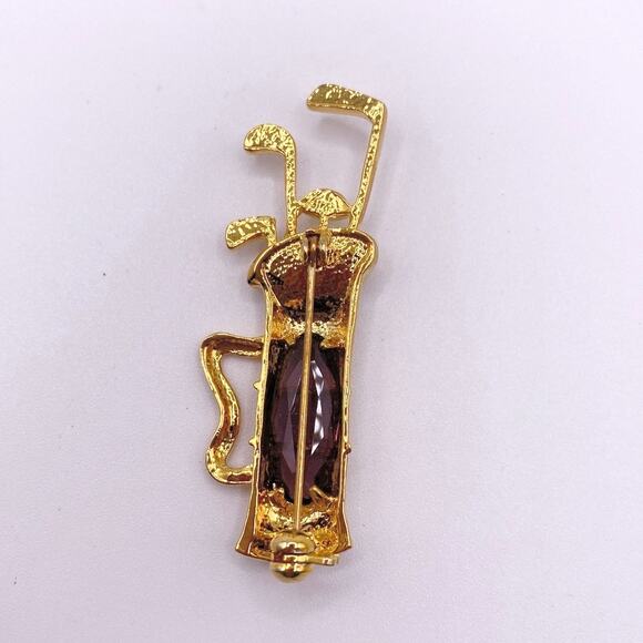 Vntg Gold Tone Golf Bag Brooch With Rhinestones and Purple Glass Stone Accent - Picture 6 of 6